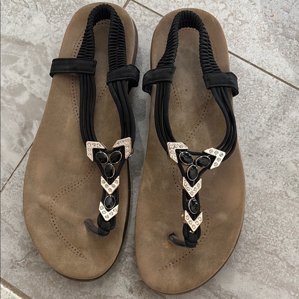 Black and Tan Sandals with Chevron Pattern